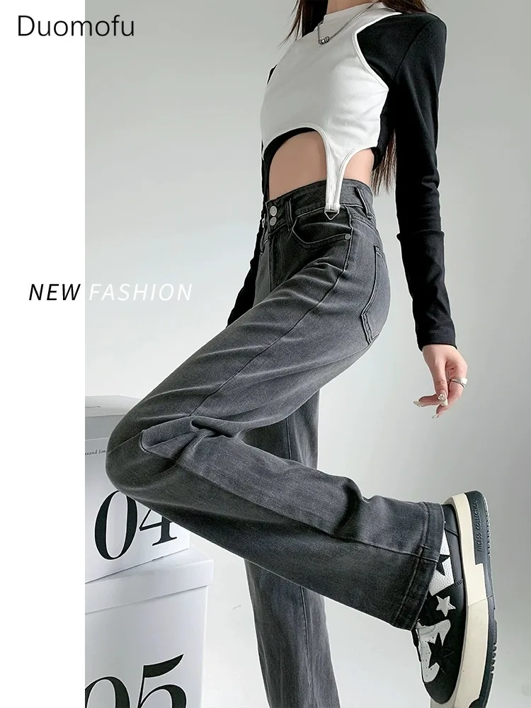 Duomofu Herbst klassische hohe Taille schlanke lässige weibliche Hose mit weitem Bein neue grundlegende einfache Reiß verschluss Mode Knopf gerade Frauen Jeans