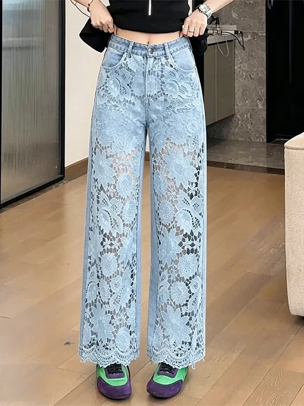 High Waist Wide Leg Jeans Women Summer 2026 New Style Lace Splicing Hollow out Loose Drape Straight Leg Jeans