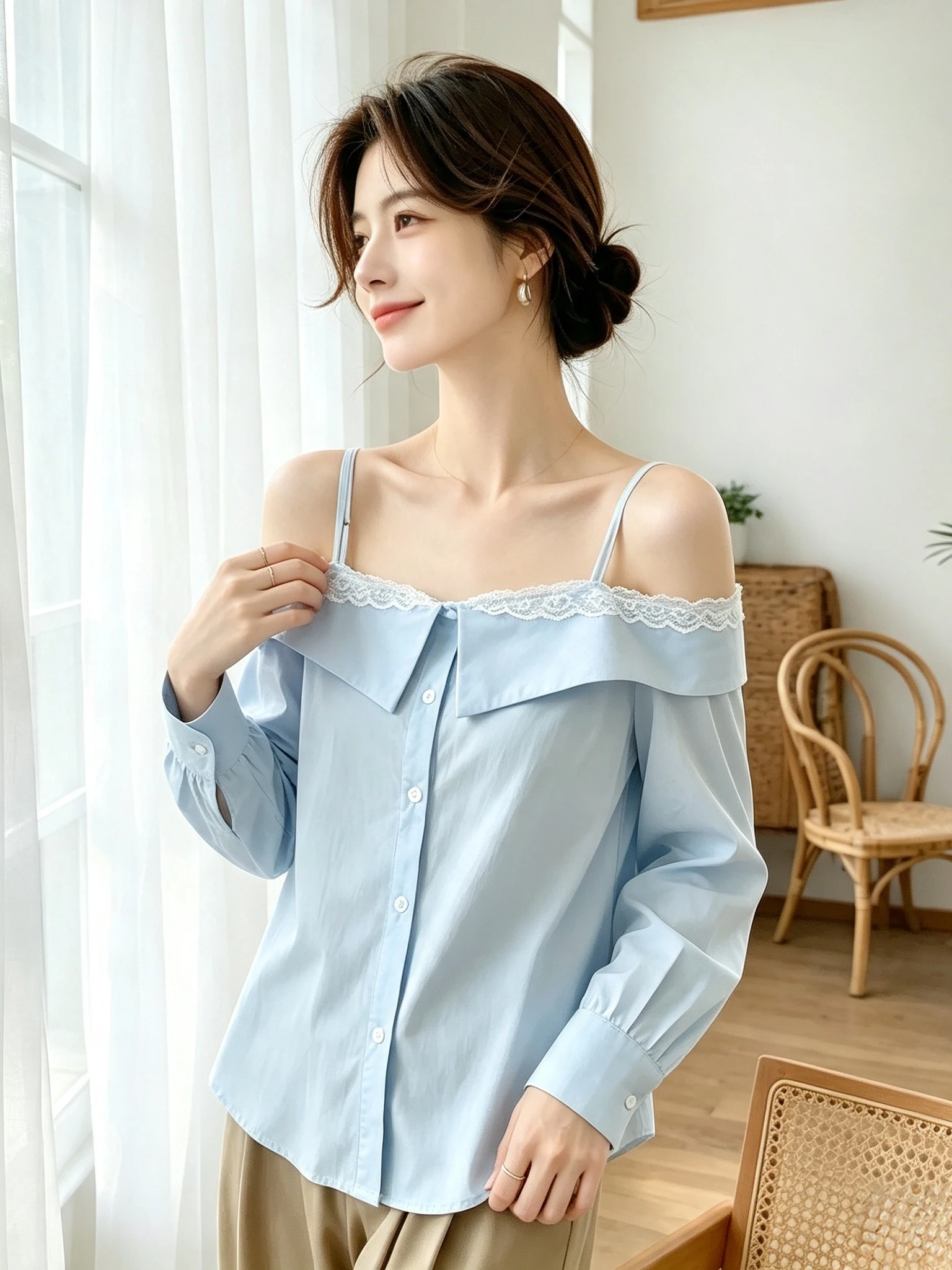 Gentle Early Autumn Light Blue One-Shoulder Long Sleeve Women's Shirt Show Clavicle Design Loose Fit Casual Fashion Top