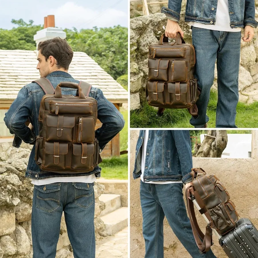 حقيبة ظهر جلدية من Masa Kawa للرجال مقاس 15.6 بوصة حقيبة كمبيوتر محمول متعددة الجيوب كاجوال للسفر باللون البني #3