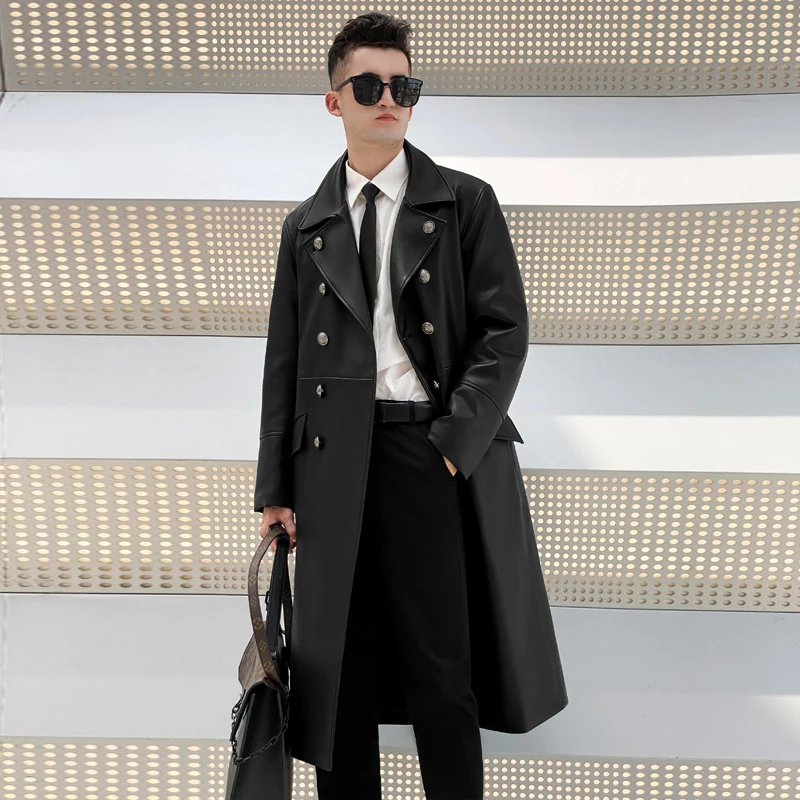 leather trench coat men's Long over knee double breasted large lapel British men's thickened warm leather  windbreaker coat men