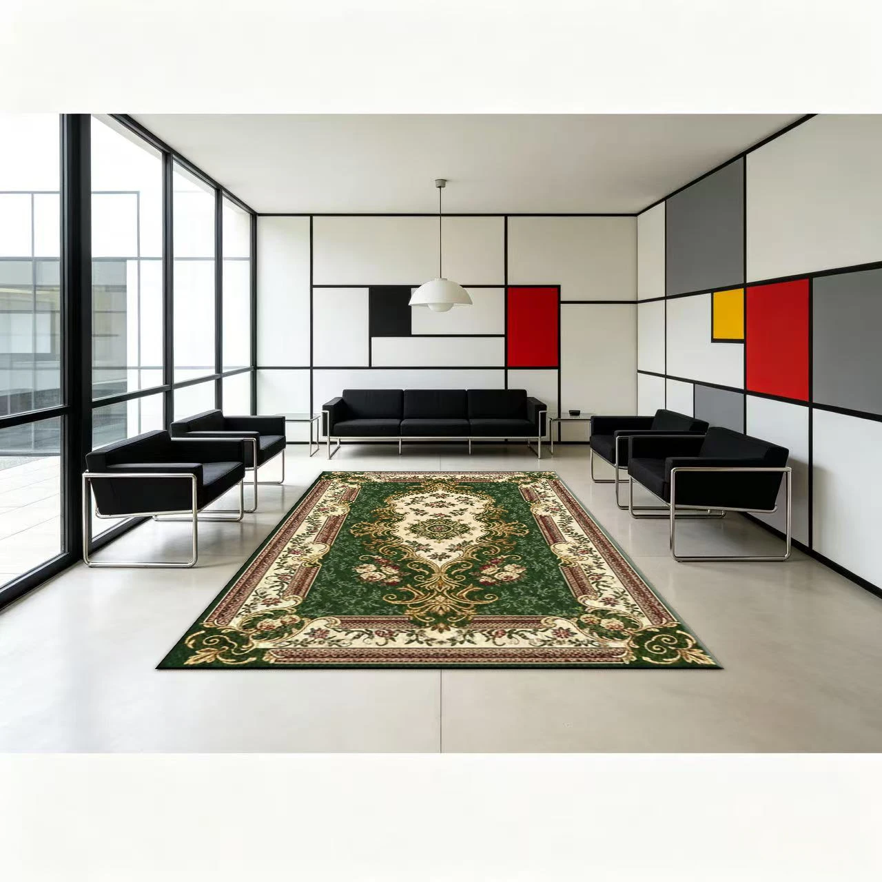 Dark Green European-Style Floral Square Carpet with Luxurious and Elegant Border Print, Suitable for Living Room, Bedroom, and Home Decoration