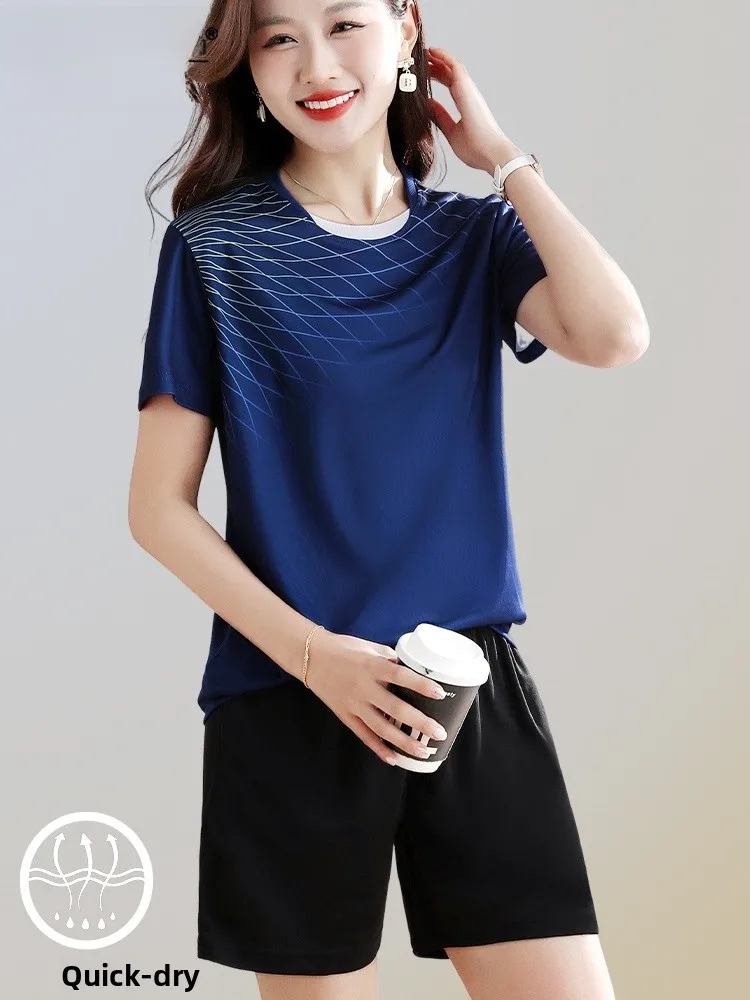 

TUCANO 2025 Summer New Women's Ice Silk Qui Dry Sports Set Casual Morning Run Suit Two-Piece Set round Ne ort Sve Top