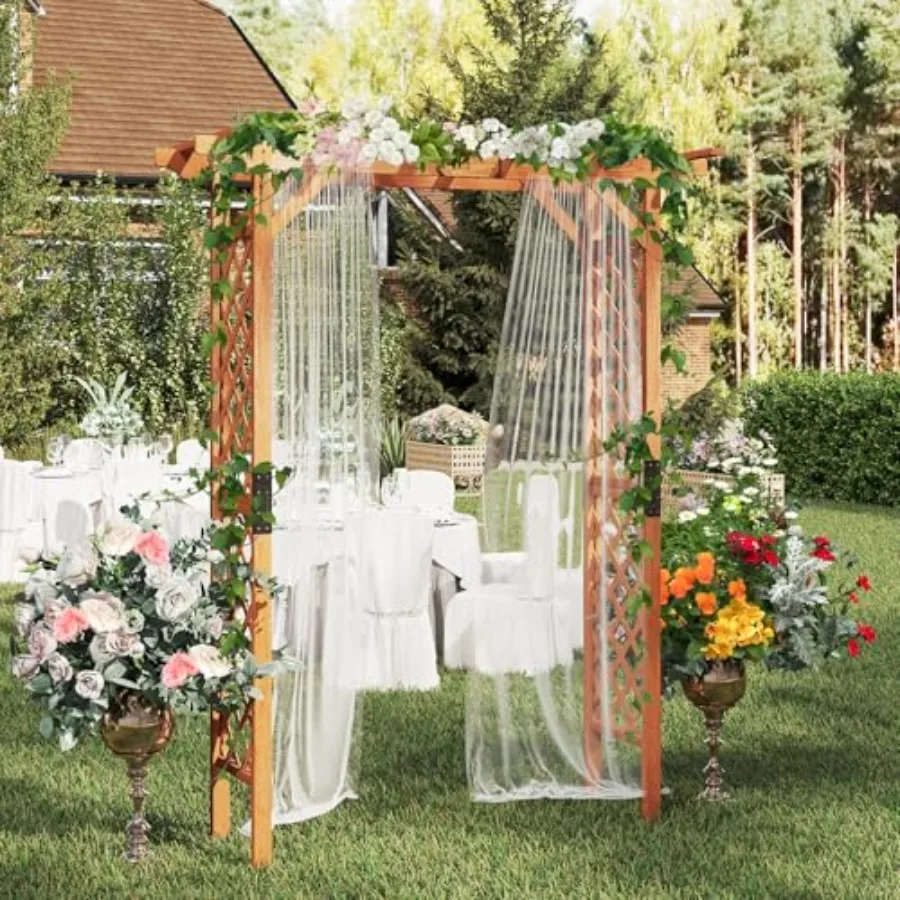 Wood Garden Arch for outdoor climbing plants, natural wood color, sturdy and weather-resistant, 7.3 ft tall with 88 inch wide b