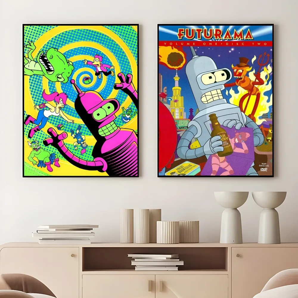 Cartoon F-Futurama Rocket robot Poster Sticky Wall Art Printing Waterproof Home Living Bed Room Bar Aesthetic Decor