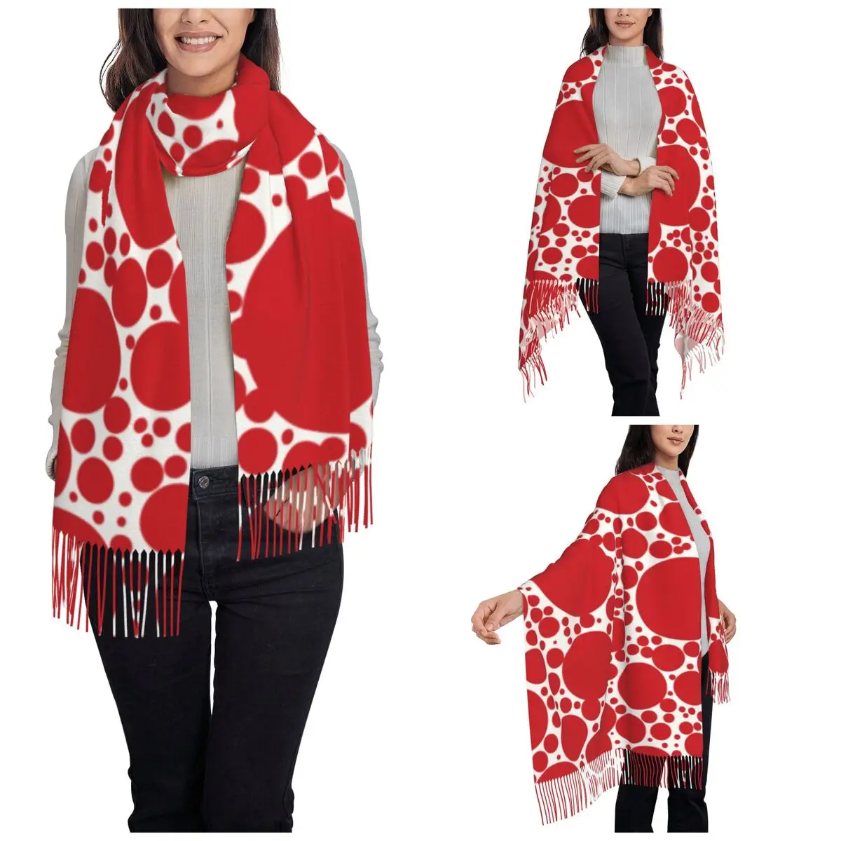 Red Dots Pattern Scarf for Women Warm Winter Cashmere Shawl Wrap Yayoi Kusama Single-sided Pattern Scarves with Tassel