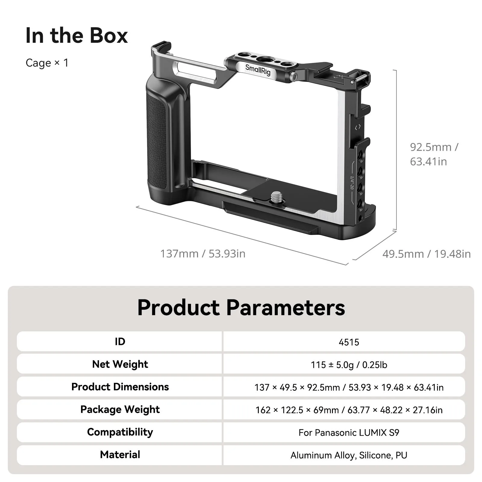 For Panasonic LUMIX S9, With Wooden Handgrip & Arca-Swiss Quick Release Plate For Arca-type Tripod 4515，SmallRig S9 Camera Cage