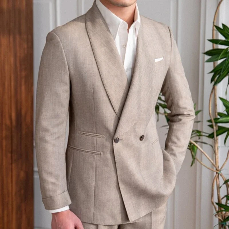 

Linen Men Business Suit 2pcs Set Men Formal Suit Groom Banquet Male Jacket Slim Costume Double Breasted plus size custom suit