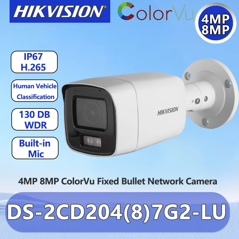 Hikvision 4MP 8MP ColorVu IP Camera Outdoor Security Human Vehicle Classification POE 4K Camera Built-in Mic DS-2CD2087G2-LU