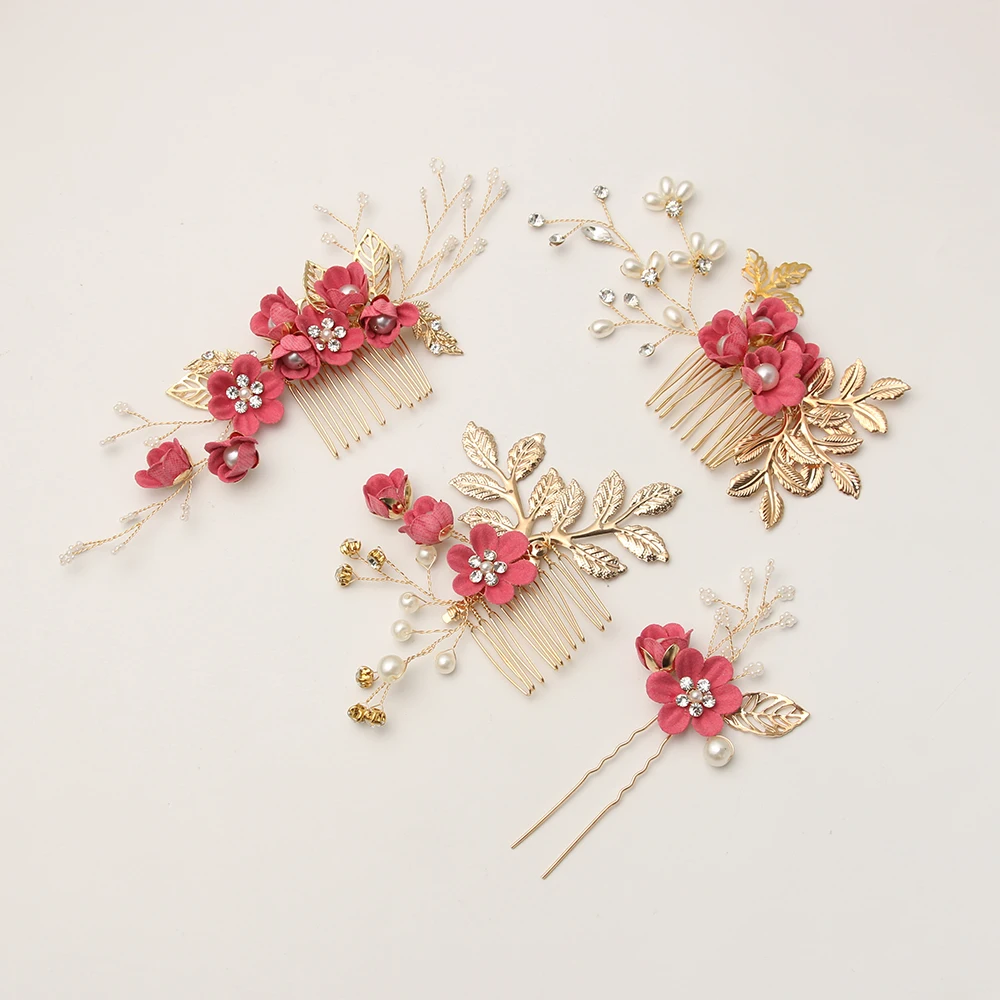 1Pc Flower Hair Pin Fashion Flower Leaves Hair Comb Romantic Alloy Bridal Tiara Wedding Hair Jewelry Blue Pink Rose Red Purple