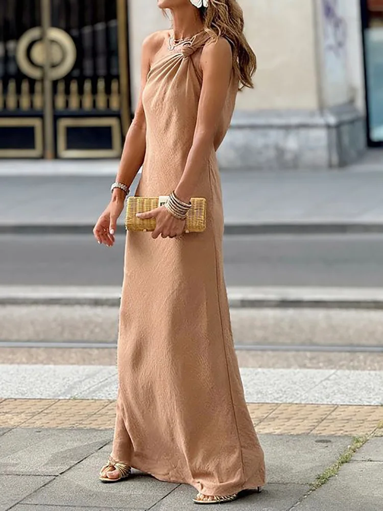 Sleeveless Backless Loungewear Party Dress, Women Summer Holiday Inclined Shoulder Maxi Dress, Sexy Solid Elegant Ladies Dress