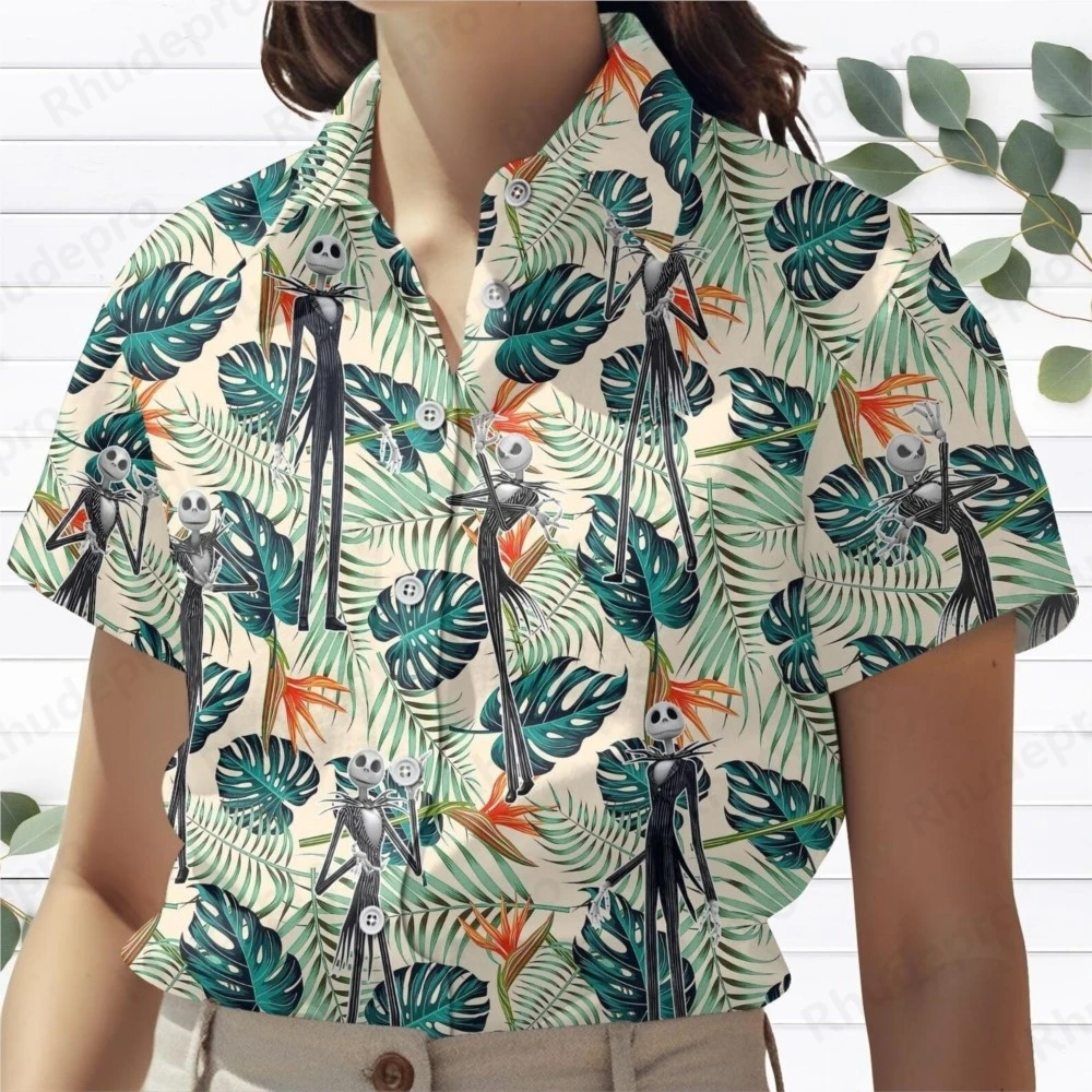 

Disney Sally and Jack Skellington Women's Casual Hawaiian Shirt The Nightmare Before Christmas Summer Short Sleeve Beach Shirts