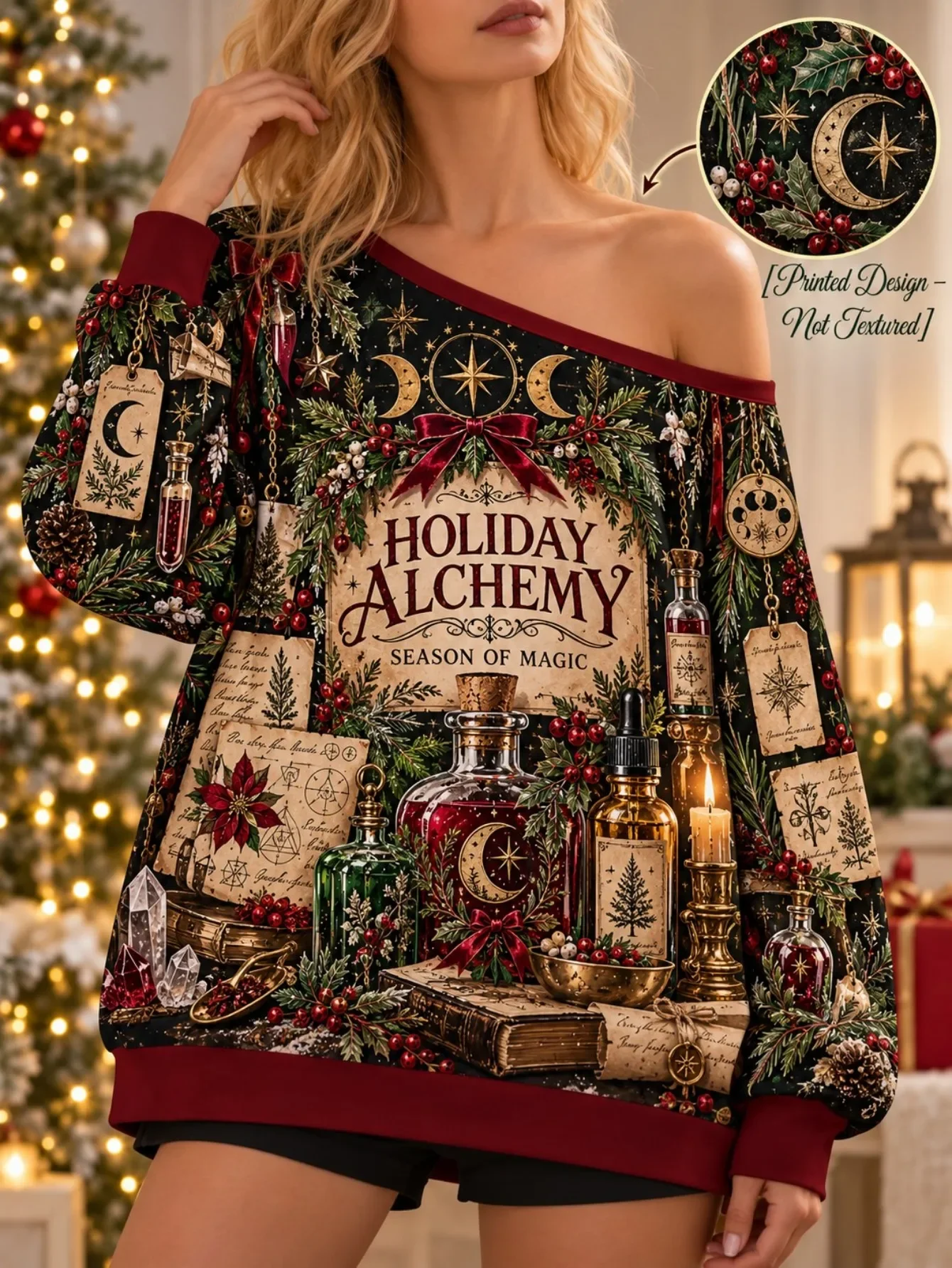 Witchy Christmas Off Shoulder Sweatshirt, Holiday Alchemy Magic Potion Moon Crystal Holly Berry Retro Print Women Casual Top