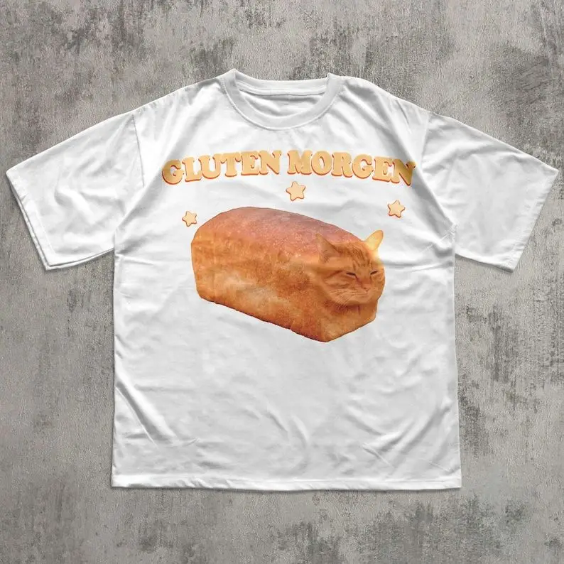 Fun Cat Meme T-shirt Toast Bread Cat Printed T-shirt Retro Street Women's Comfortable Large T-shirt