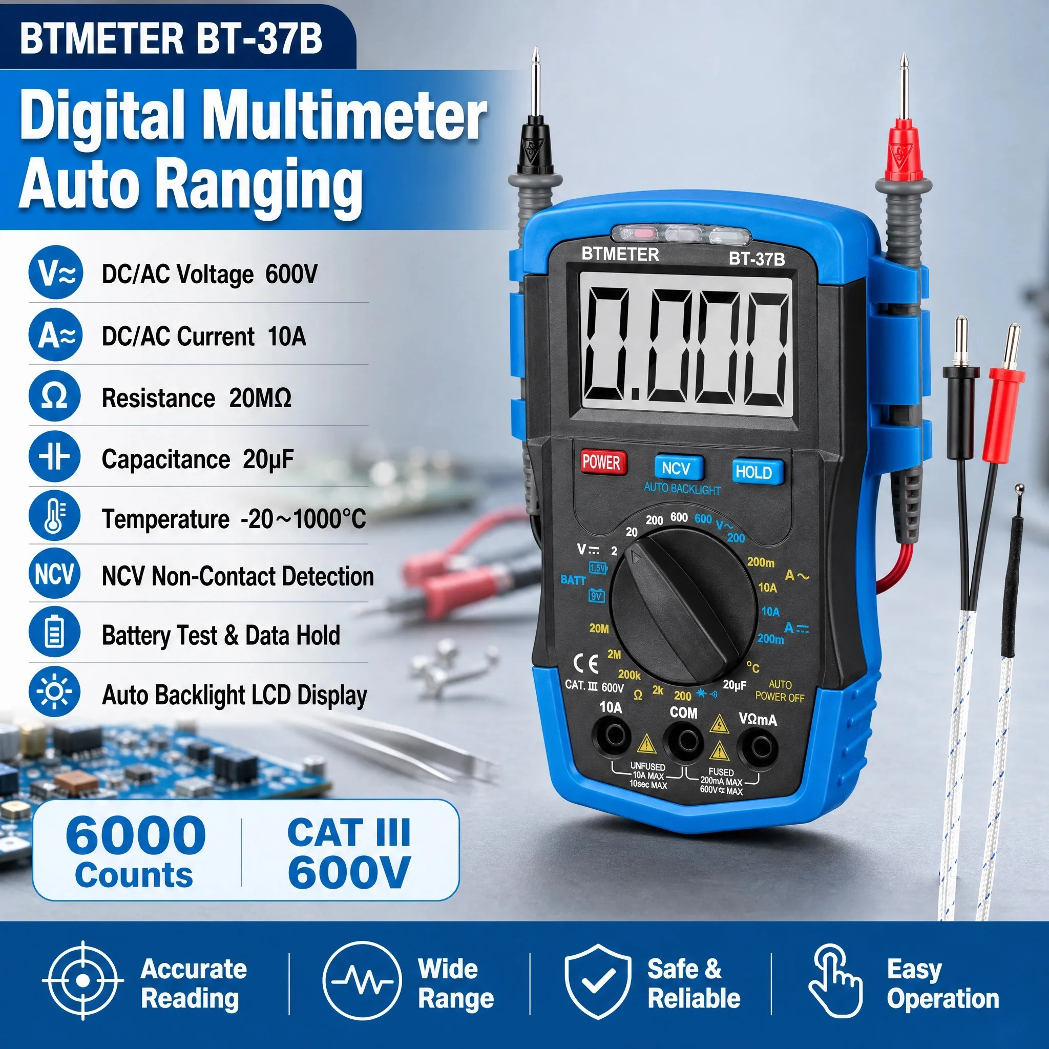 HoldPeak 37A/37B Digital Multimeter 2000 Counts NCV AC/DC Voltage Current Tester with Temperature Capacitance Resistance Diode