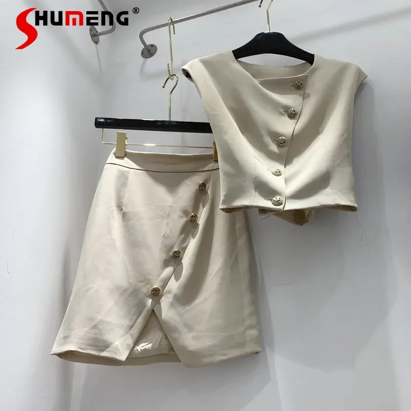 Summer Court Style Round Neck Sleeveless Buckle Short Vest + High Waist Irregular Slit Short Skirt Two-Piece Set Female Outfits