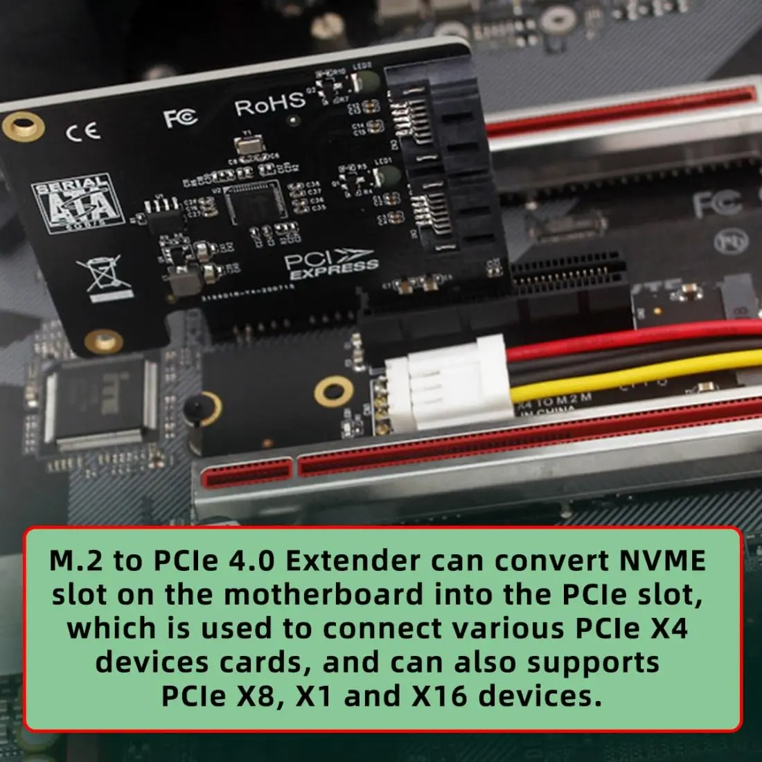 JonISerl M.2 NGFF to PCIe 4.0 X4 Expansion Card Adapter with 5V/12V SATA Power Compatible with PCIe X1/X8/X16