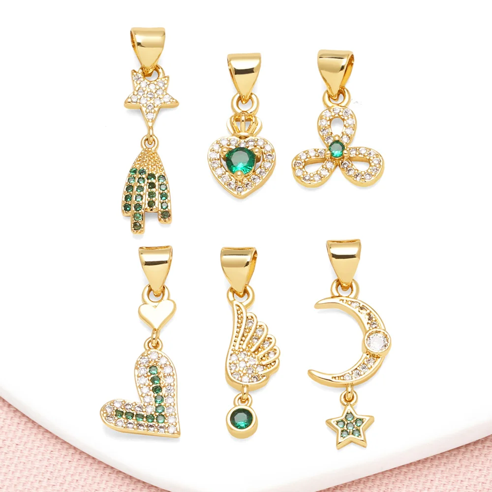 OCESRIO Green Crystal Crown Heart Charms For Bracelet Copper Gold Plated Moon Star Wings Leaves Keychain Purse Charm Chma434