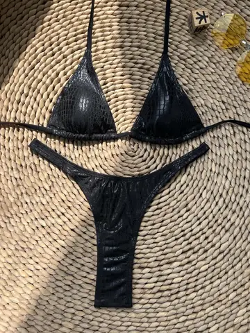 New 2025 Women Shiny Black Snakeskin Print Bikini Set Luxury Diamond Back Thong Swimsuit Beach Push Up Holiday Swimwear Swimsuit