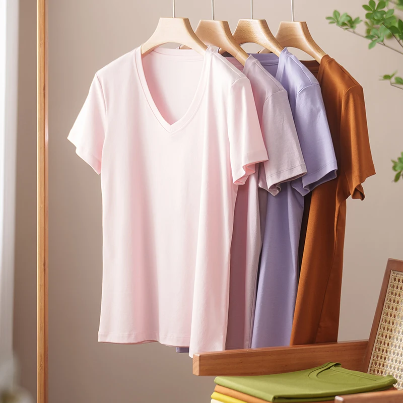 2024 Summer 100% Mercerized Cotton Women Silk T-shirts V-Neck Short Sleeve Loose Straight Tops Simple Casual Tees For Minimalist