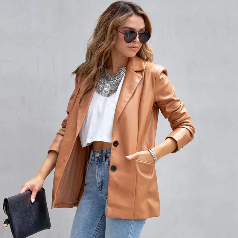 Casual Leather Jacket Women Red Single Breasted With Pockets Pu Spring Coat Women Office Ladies Classic Blazer Long Sleeve Tops