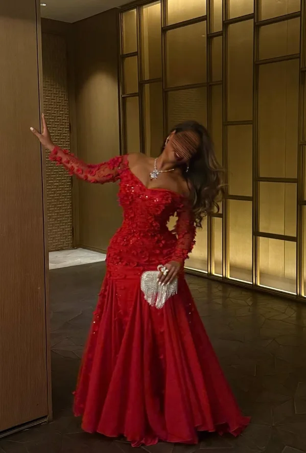 Robe de soirée de forme sirène, rouge, arabe, manches longues, épaules dénudées, motif Floral 3D froncé, robe de Gala de bal, personnalisée