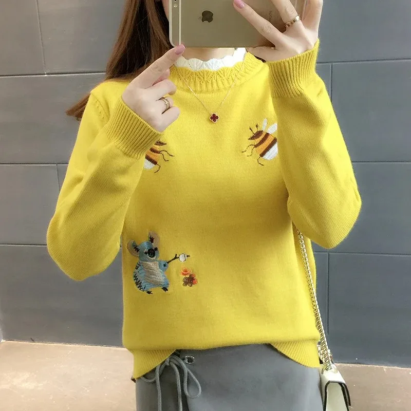 Korean Embroidery Little Bee Loose Warm Knitwear Jumpers Ladies Fashion New 2024Autumn Women Sweater Pullover Winter Tops