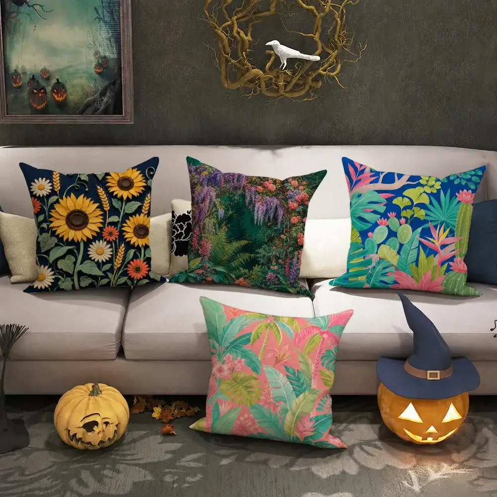 Tropical Floral Cushion Decor Cushion Cover Halloween Rustic Throw Pillow Covers, Cute Ghost Pumpkin Maple Leaf Cushion Covers