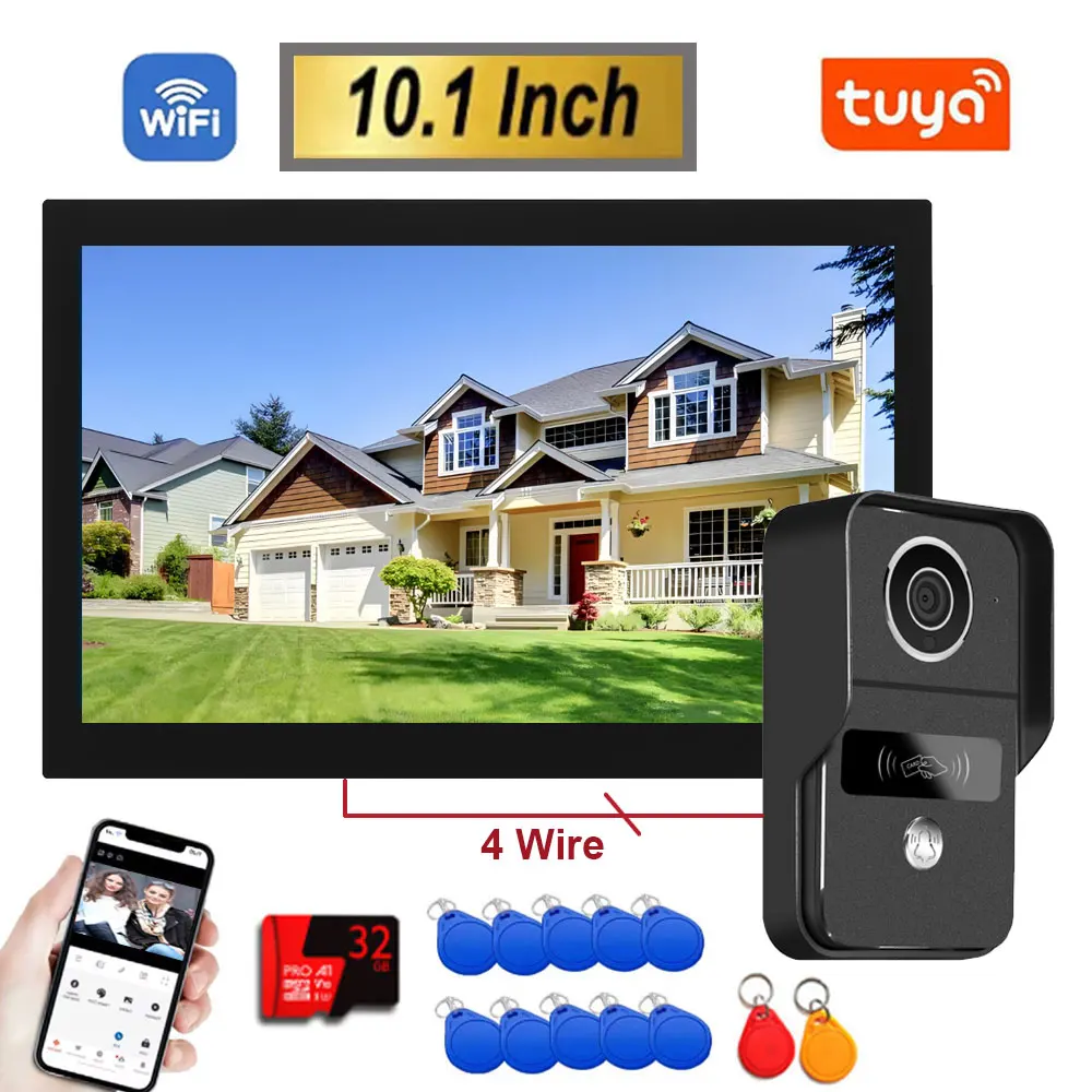 4Wire TUYA Wifi Video Doorbell 1080P 10 Inch Touch Screen Smart APP Home Visual Intercom Kits for RFID Access Control System