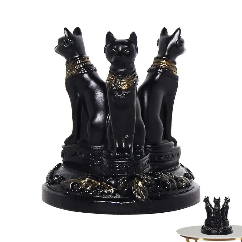 Bastet Cat Goddess Statues Black Resin Triple Egyptian Cat Display Base Crystal Ball Holder Home Tabletop Decoration Ornament