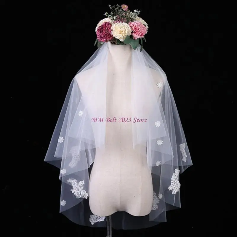 

49ME Sequins Veil Headpiece with Comb Lace Tulle Veil for Bridal Cosplay Hair Prop