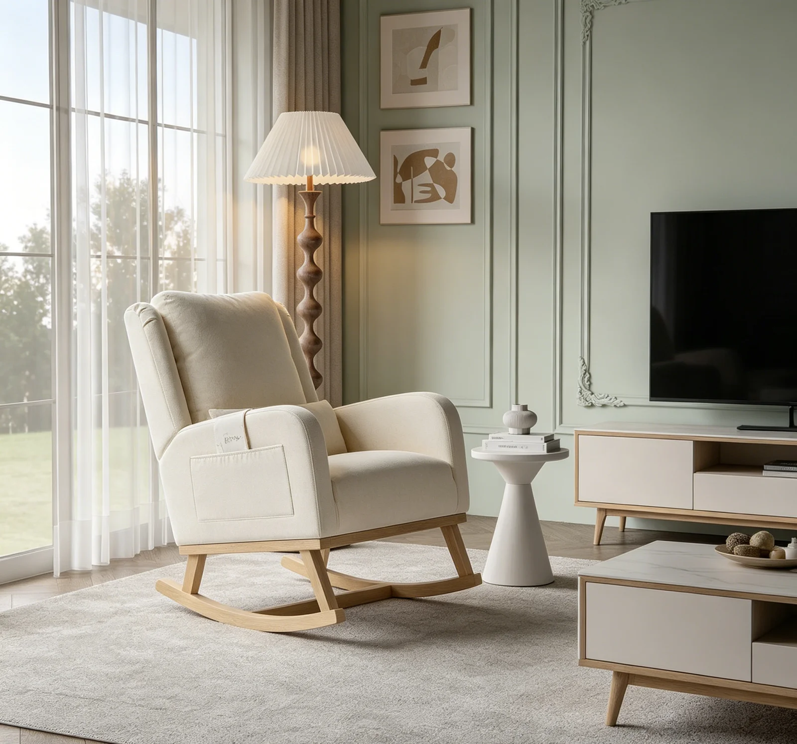 Sillón mecedora moderno, sillón de lactancia, silla columpio con reposabrazos, asiento acolchado para sala de estar, dormitorio, con base de tela y madera, beige