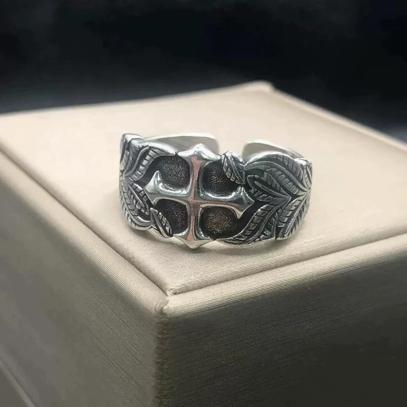 Retro Cross Ring Men's Trendy Personality Hip-hop Style Leaf Texture Index Finger Rings High-end feel Thai silver Opening Ring