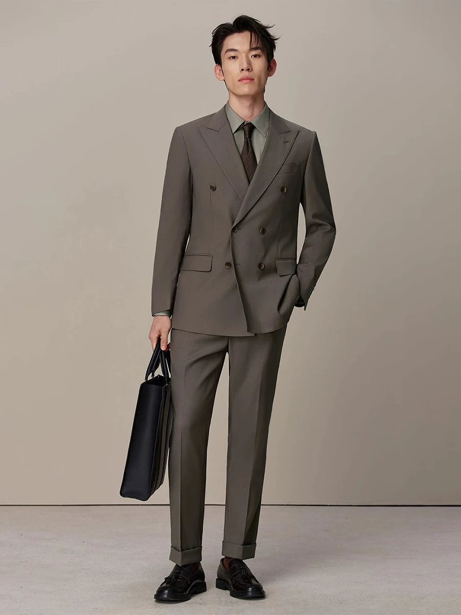 Men's Classic Fit Brown Double Breasted Business Formal Tuxedo 2 Piece Blazer Set Premium Wedding Groom Suit