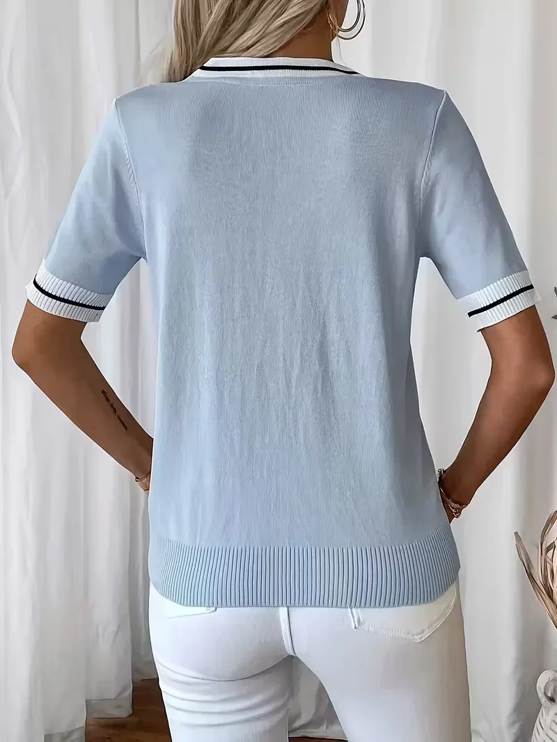 Summer Women's Casual Color-Block Striped Short-Sleeve Knit Top