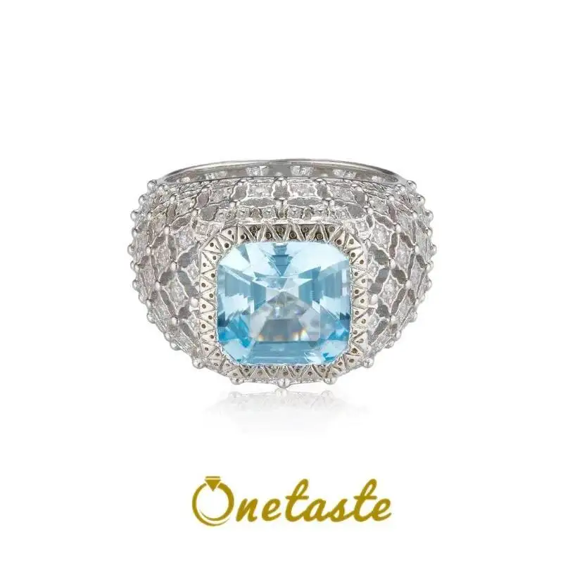 

Blue Topaz Real 925 Silver Hollow Cubic Zirconia Pave Chunky Rings For Women Court Style Luxury Statement Ring Fine Jewelry Gift