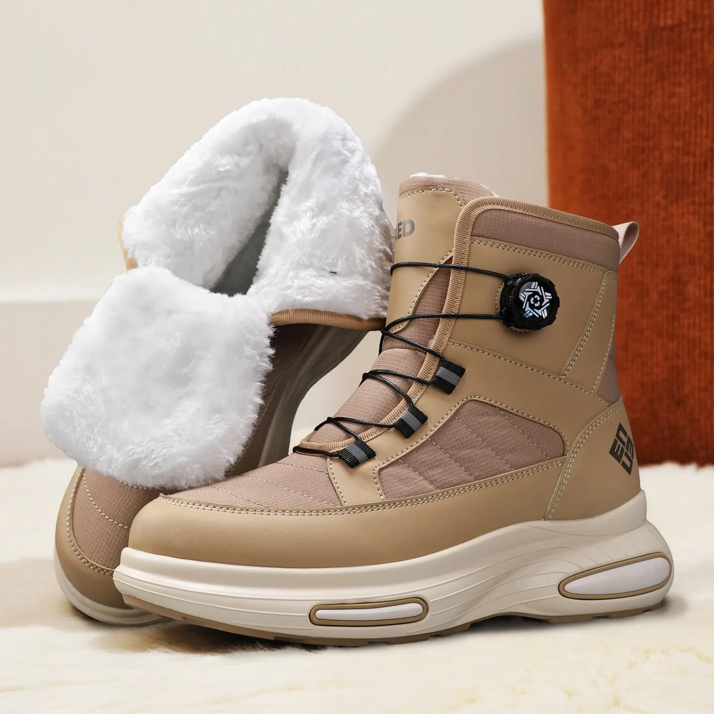 

New Winter Men's Snow Boots - Thick - Soled, Fleece - Lined & Thickly Padded, Warm Cotton Boots with Rotary Buckle