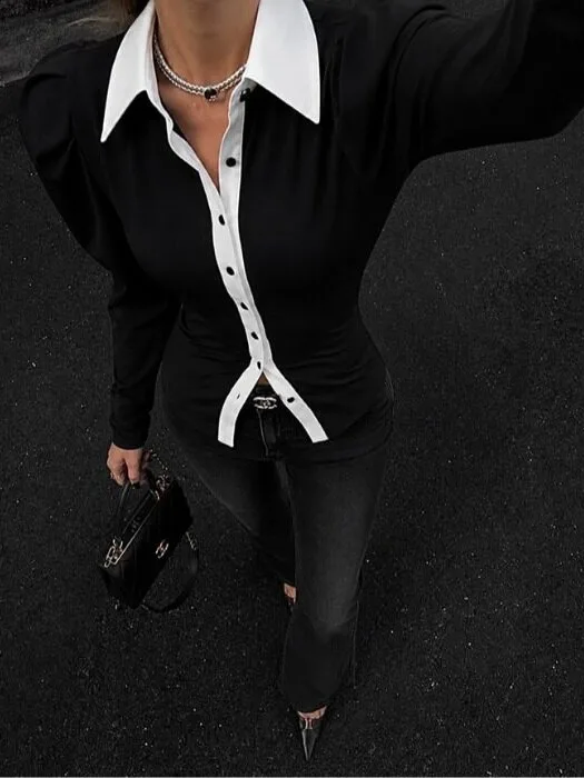 Slim Fit Long Sleeve Shirt Women's Spring Autumn Winter Design Sense Color Block Collar Stand up Top Outerwear Fashionable