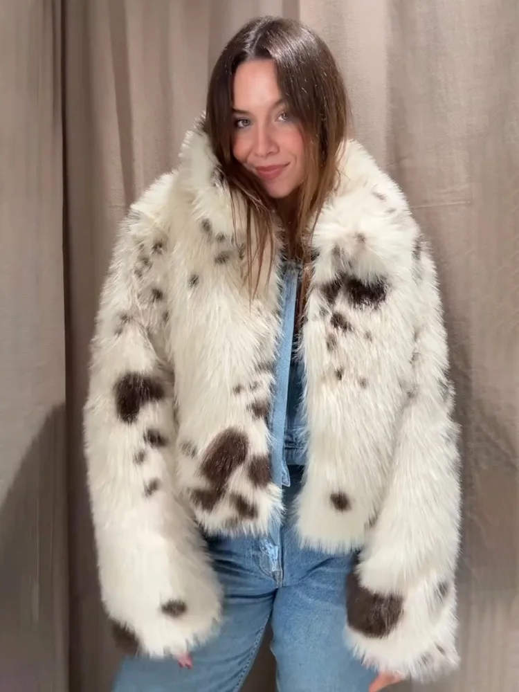 

HH Women Turn-Down Collar Pocket Zipper Faux Fur-Effect Jacket Winter Fashion Print Short Coat Woman Street Casual Winter Jacket