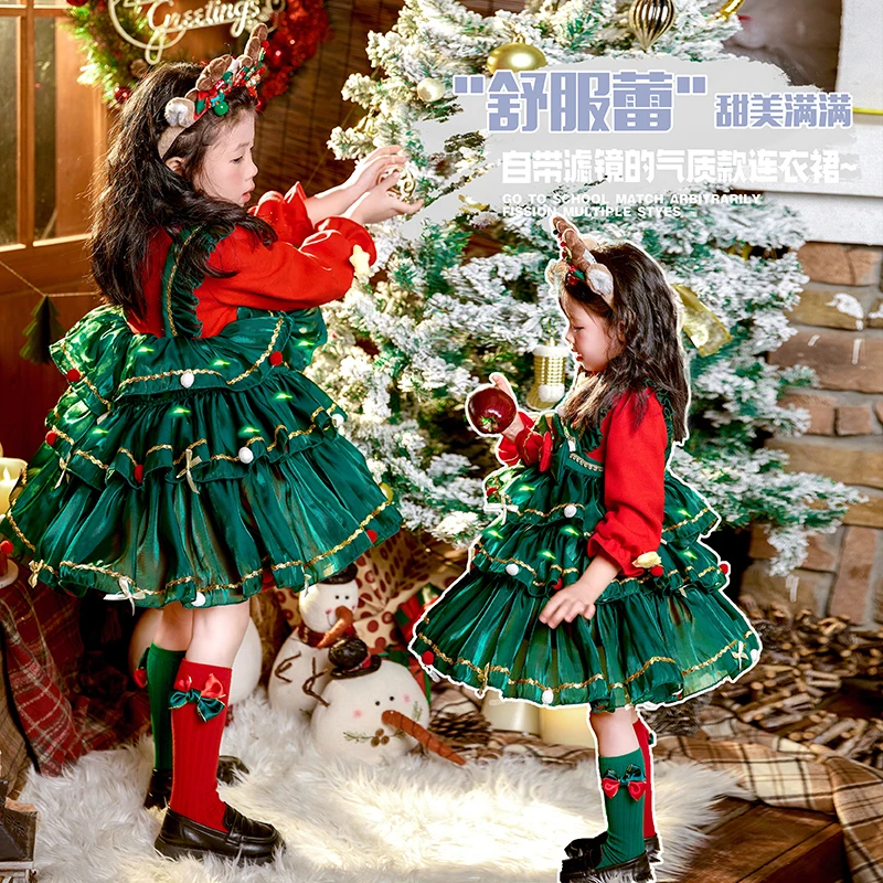 Christmas Palace Style Lolita Kawaii Princess Tutu Dress Xmas Glowing Cute Fancy Dress +Hat Christmas Gifts Carnival Party Dress