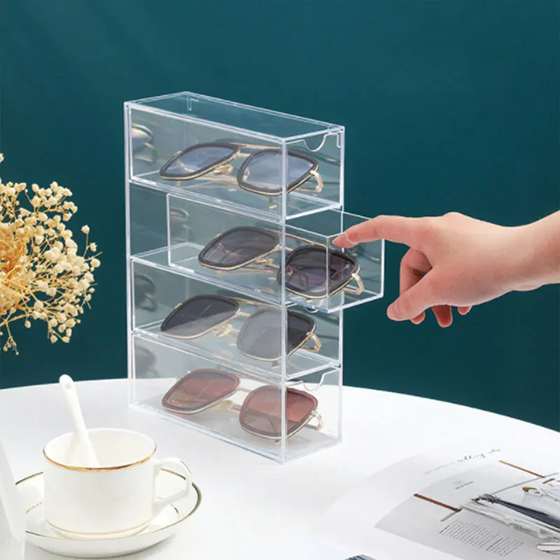 4-Drawer Hard Acrylic Organizer Box – Clear Sunglasses  & Jewelry Display Case for Tabletop