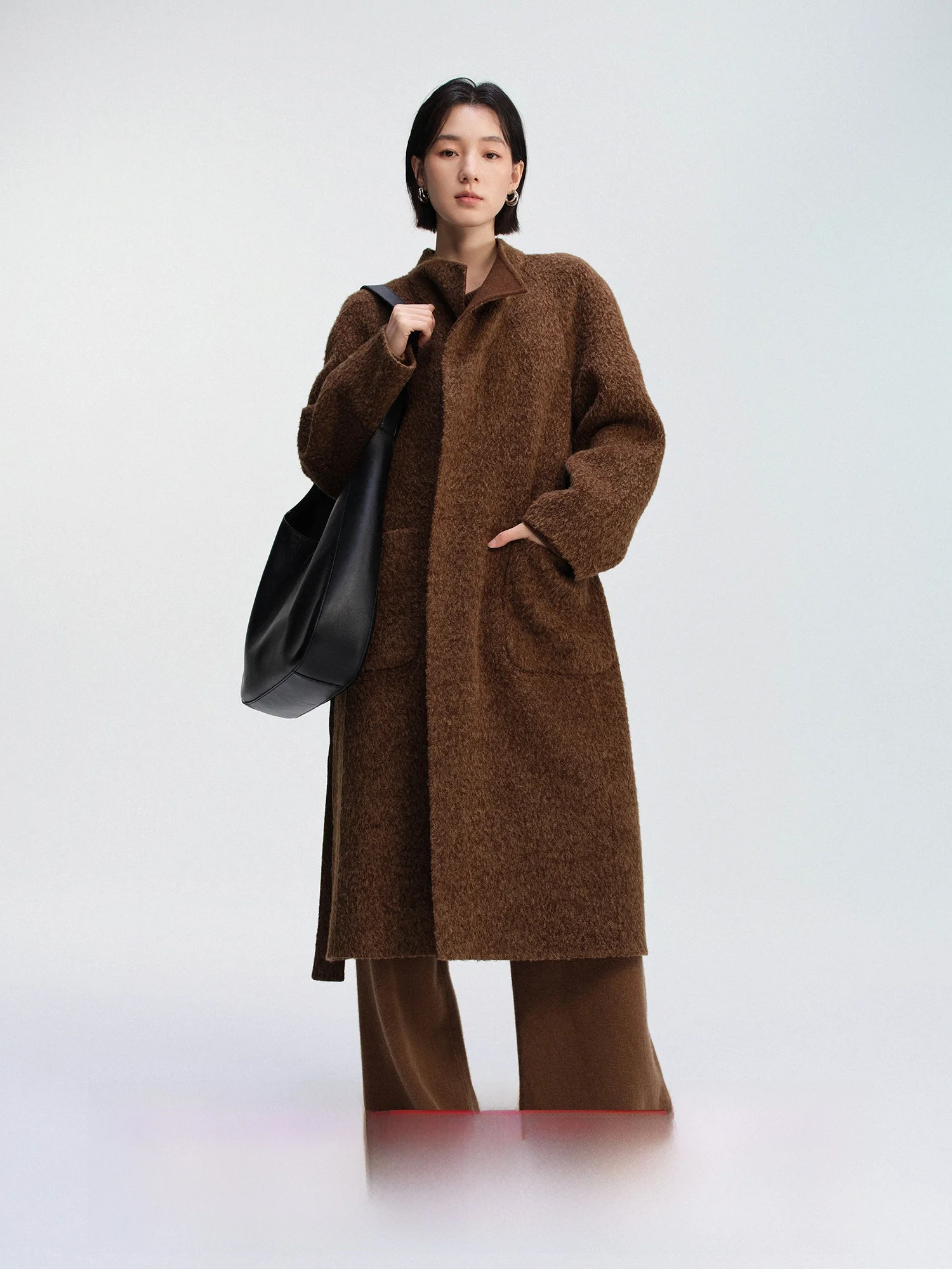 

Новое зимнее женское шерстяное пальто: повседневное, элегантное, с воротником-стойкой, модный дизайн, длинное, из твида, с открытым передом