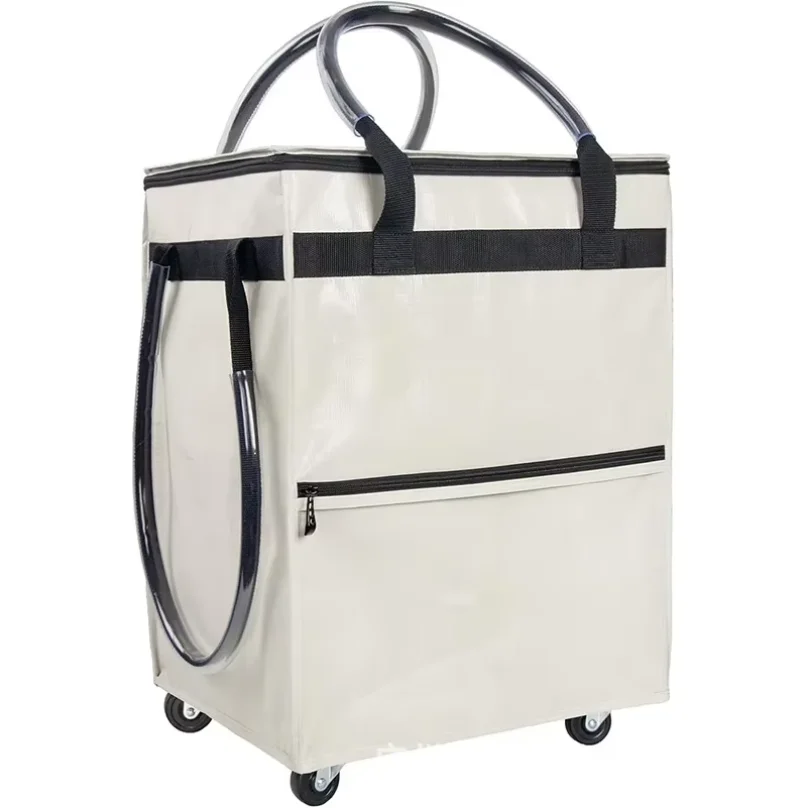 Reusable shopping bag with wheels, large capacity travel rolling tote bag, zipper closure, foldable handle, not easy to break