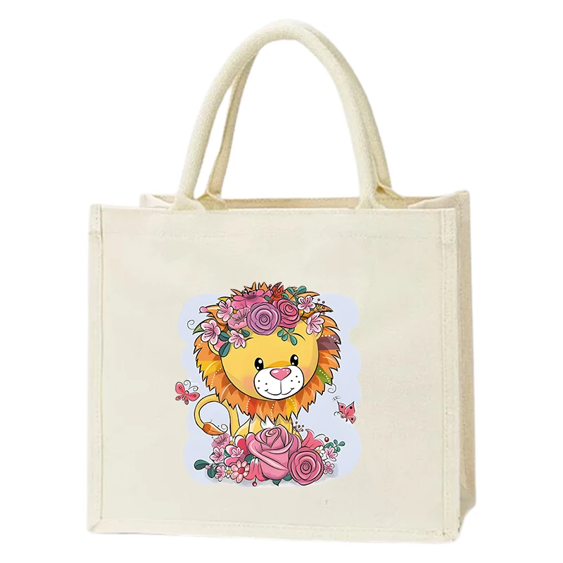 Cute cartoon animal printed tote bag, casual cotton canvas shoulder bag, women's shopping, daily printed accessories