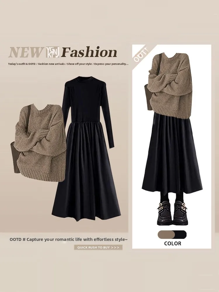 

Versatile Simple Sle round Ne Knitted Sweater Waist Cinching Dr Two Piece Set Early Spring Faion Mature Look Whole S...