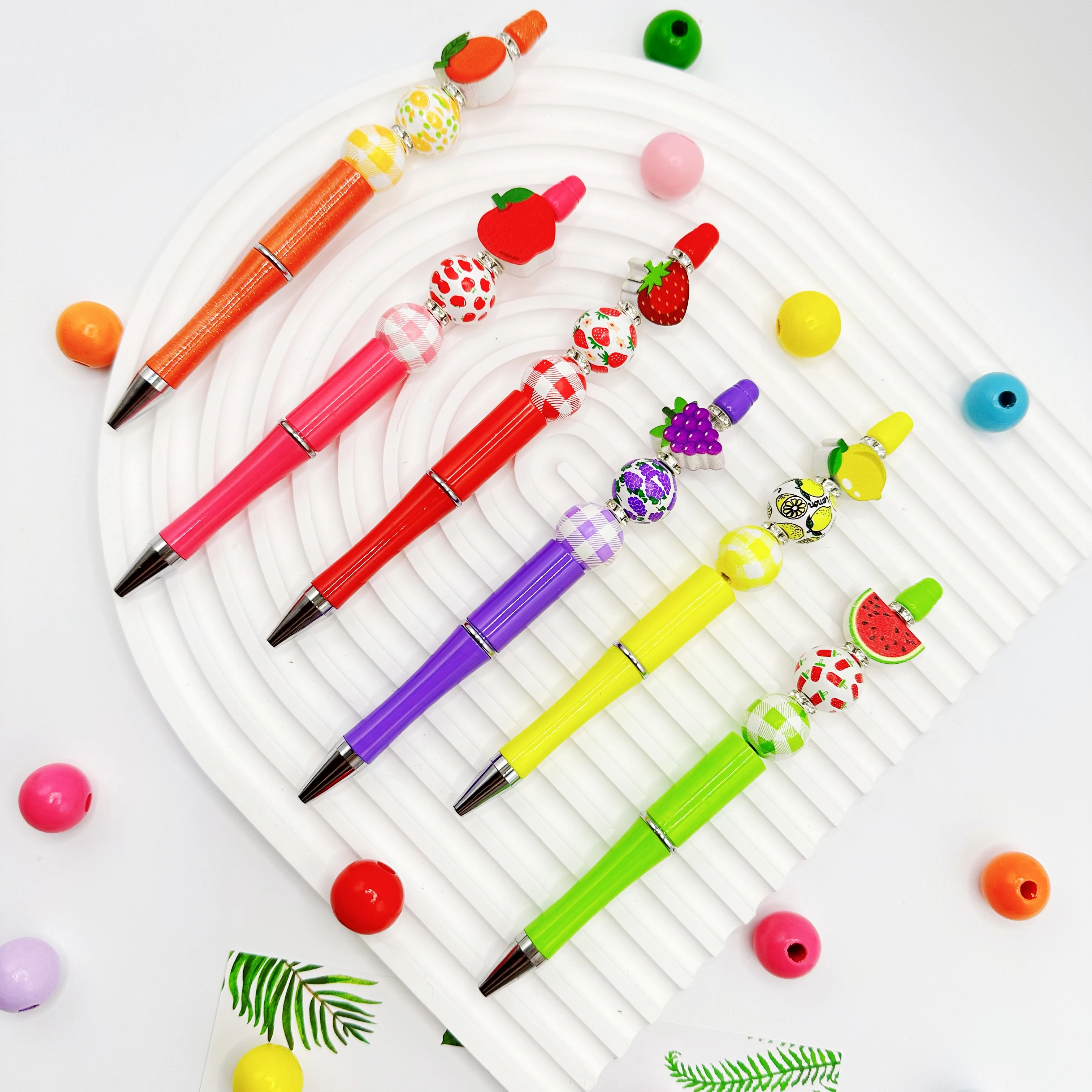 

6PCS Apple Strawberry Mango Watermelon Orange Grape Fruit Theme DIY Beaded Ballpoint Pen&Wood Bead Set, Office &School Writing