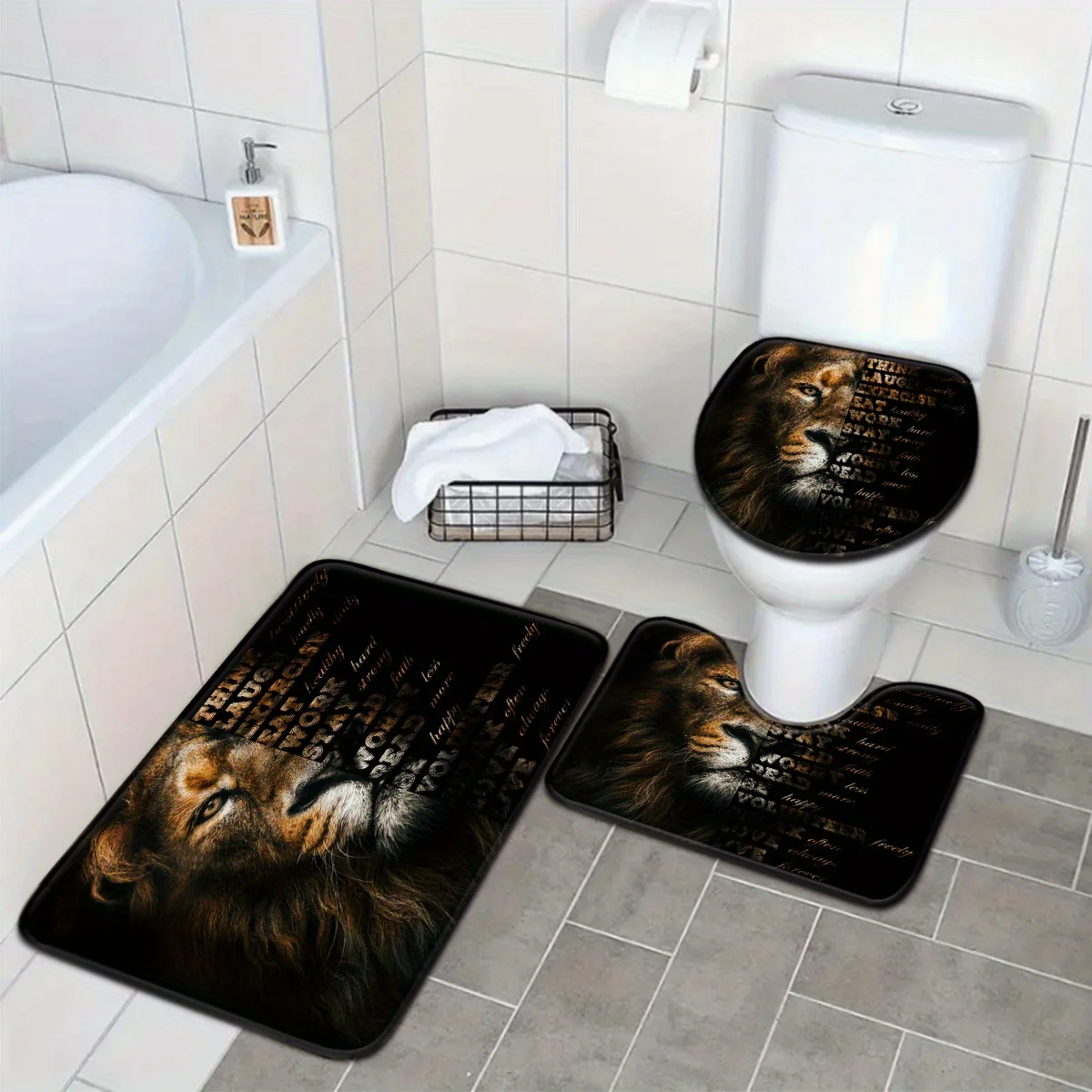 3pcs Mysterious Lion Bathroom Rug Set Non-Slip U-Shaped Mat and Toilet Lid Cover Animal Theme Washable Indoor Floor Mats