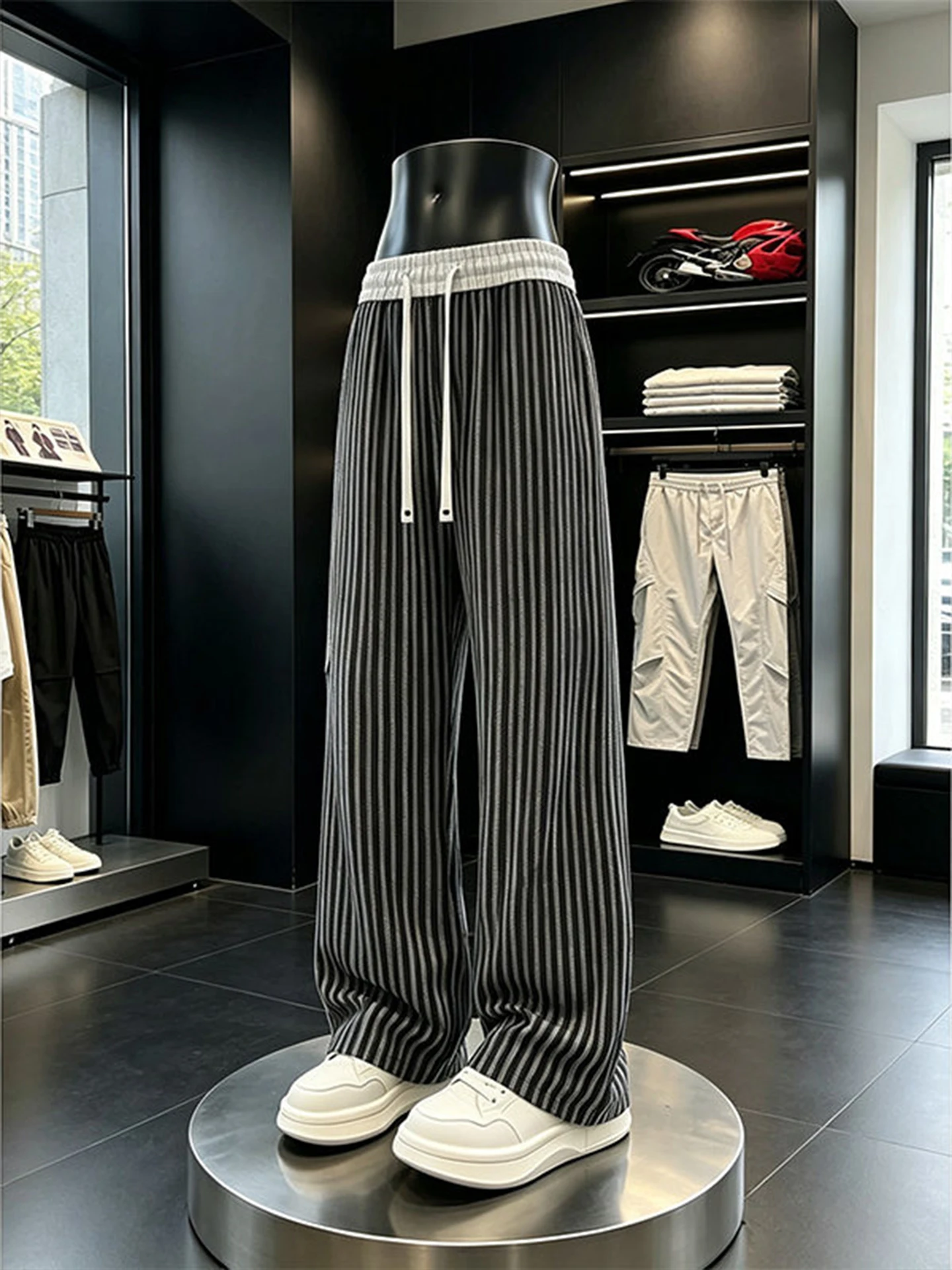 Cooling Ice Silk Men's Casual Pants Vertical Stripes High Waist Straight Leg Summer Comfortable Loose Fit Fashionable Trousers