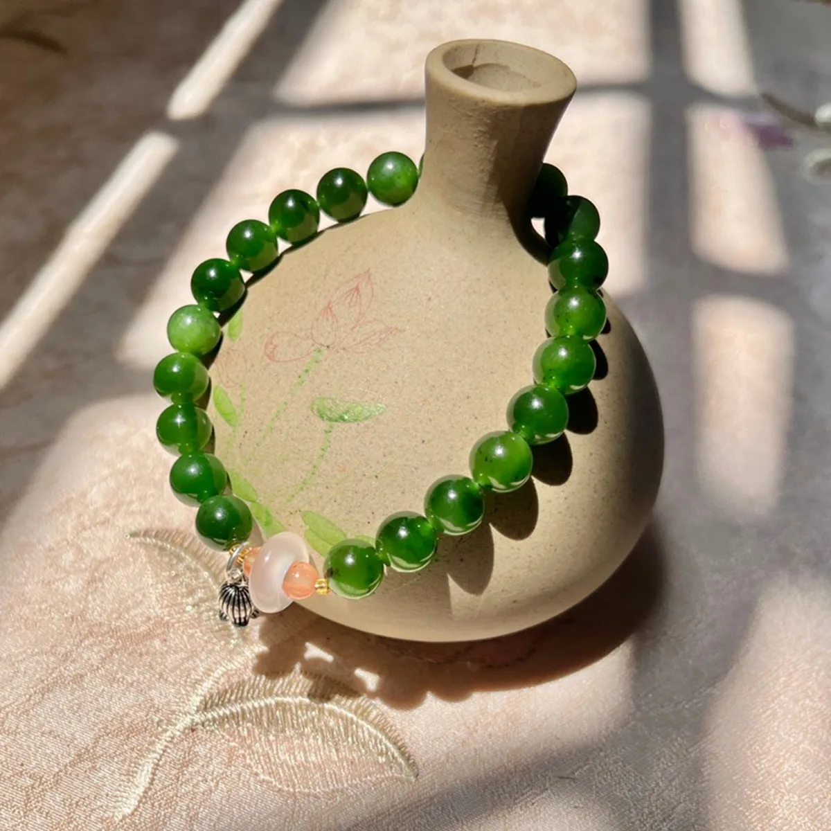 Green Beads Natural Hetian Jade Bracelet Charms Female Gift 8MM Size Beads Hand String For Women's Female