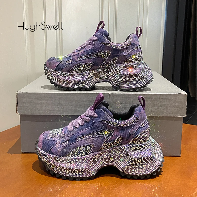 

Rhinestone Cover Thick Sole Denim Canvas Sneaker Woman Bling Rivet Chunky Daddy Shoe Ladies Luxury Brand Design Crystal Zapatos